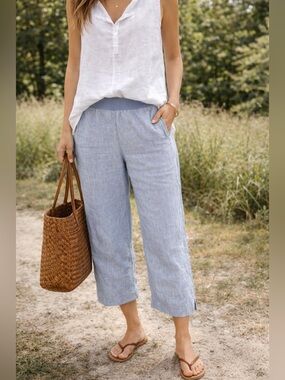 J Jill Love Linen 100% Linen Striped Blue Cropped Pants Sz M Pull On Elastic Wai